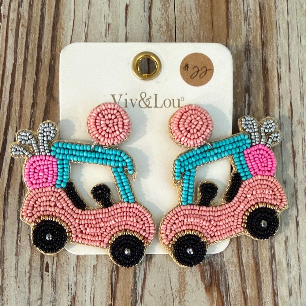 Pink and Teal Beaded Car Drop Earrings